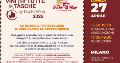 Poster for DoctorWine event “VINI per TUTTE le TASche by DoctorWine 2026” with maroon crest and logo on pale background; right panel shows date LUNEDÌ 27 APRILE and times 15:30–19:30 (stampa, trade, associazioni) and 17:00–19:30 (wine lover); venue MilaNo, Hotel Principi di Savoia.