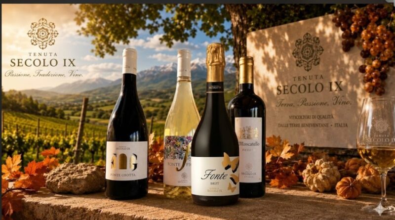 Wine bottles on a stone ledge with autumn leaves and pumpkins, vineyard backdrop, and Tenuta Secolo IX banners.