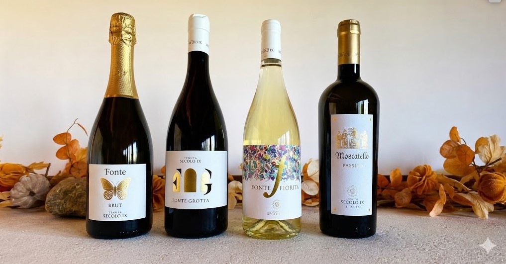 Four wine bottles lined up on a neutral tabletop with autumn leaves in the background; labels read Fonte Brut, Fonte Grotta, Fonte Fiorita, and Moscatello (Tenuta Secolo IX).