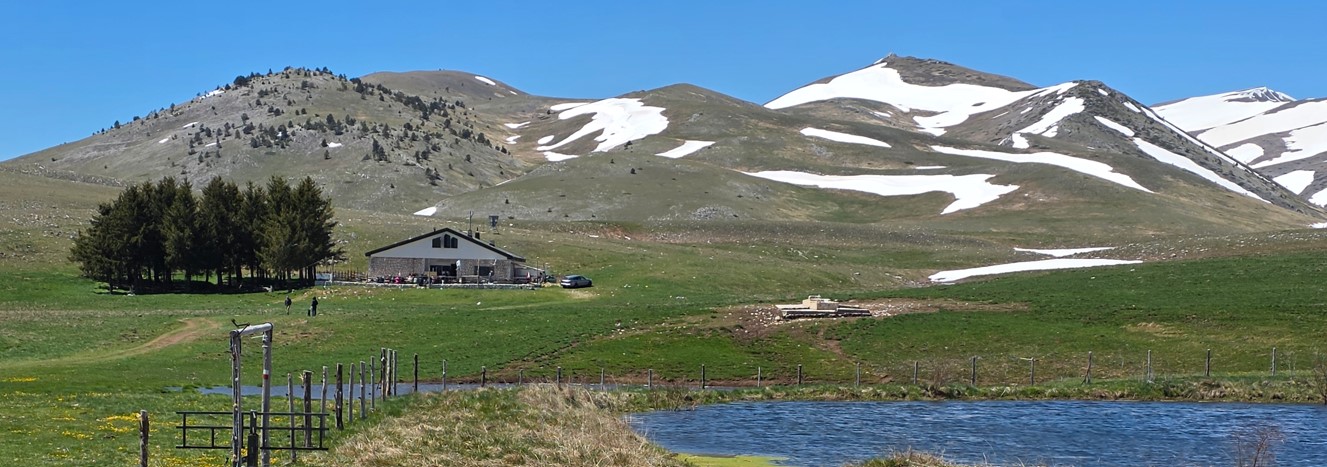 Alpine landscape with a lone building near snow-capped mountains, green pastures, a fence, and a small pond in the foreground.