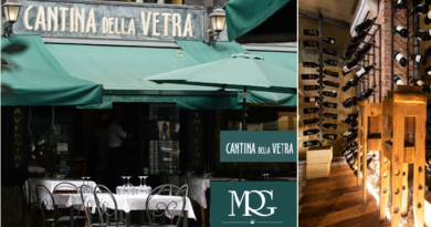 Exterior view of Cantina della Vetra restaurant with green awnings and outdoor dining tables under umbrellas, sign visible. (Collage includes interior wine display/wine racks in the other panel).