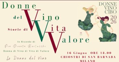 Event poster for Donne del Vino: Storie di Vita e Valore, a Milan wine-women evening with two dancing figures and decorative typography.