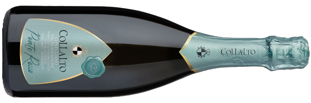 Side view of a dark glass bottle of Collalto sparkling wine with a turquoise label and teal foil wrapped around the neck, shown lying on its side to display the label.