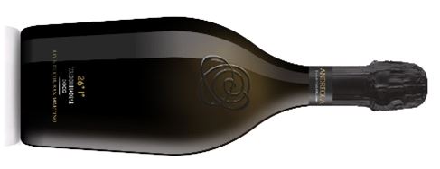 Dark glass champagne bottle with a black label and gold foil, lying on its side.