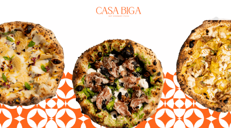 Three pizzas arranged left to right above an orange geometric pattern, with the CASA BIGA logo and 'Not Ordinary Pizza' tagline at the top.