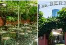 Outdoor cafe with green metal tables and chairs under leafy shade at a sunny outdoor dining area.