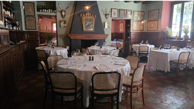 Cozy restaurant dining room with round tables covered in white cloths set with glasses and cutlery, wood-paneled walls.