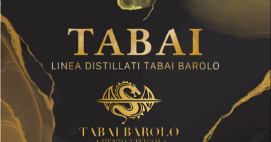 Brand label reading TABAI LINEA DISTILLATI TABAI BAROLO with a gold dragon emblem on a dark background.