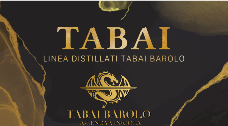 Brand label reading TABAI LINEA DISTILLATI TABAI BAROLO with a gold dragon emblem on a dark background.