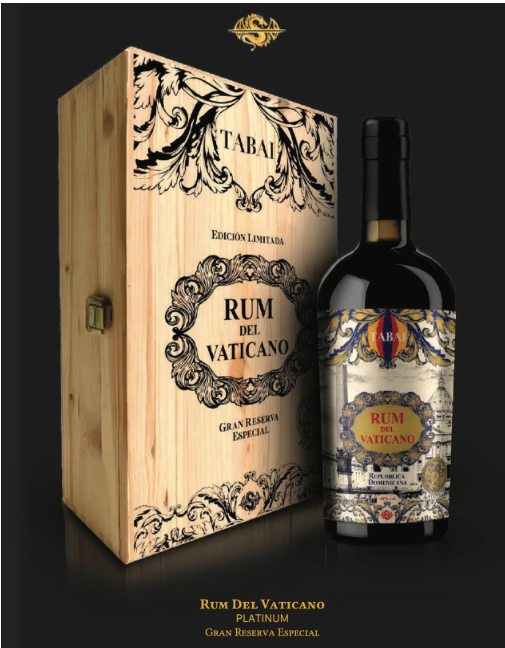Bottle of Rum Del Vaticano Platinum beside a carved wooden display box on a black background.