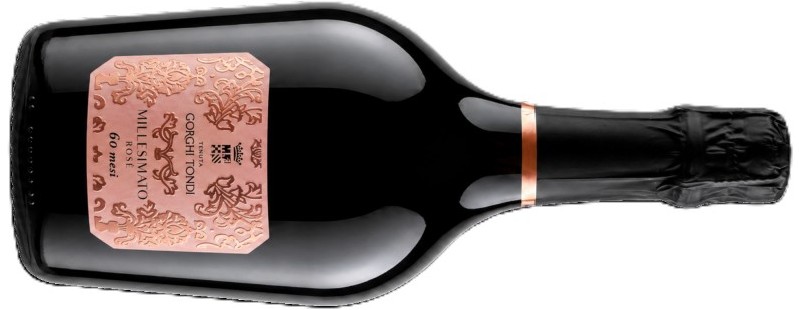 Dark glass champagne bottle shown on its side with a pink decorative label and copper foil on the neck, suggesting a celebratory drink.