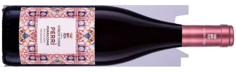 A dark red wine bottle lying on its side with a decorative patterned label and pink foil capsule.